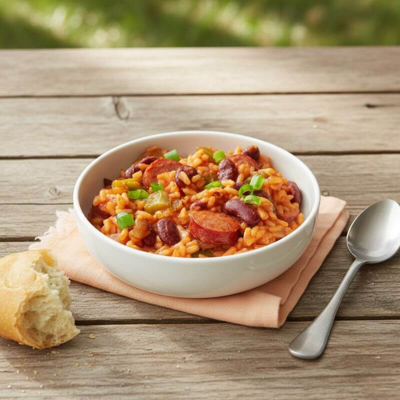 Dutch oven red beans and rice on a picnic table