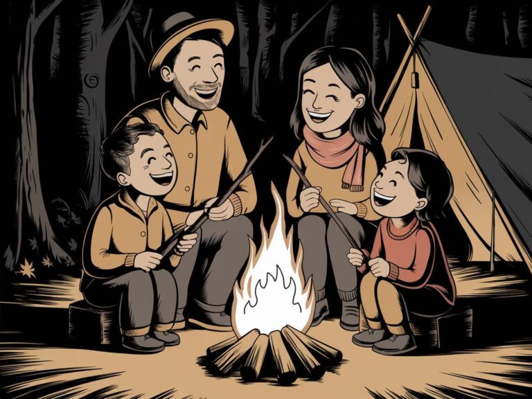 Family with kids telling camping jokes together