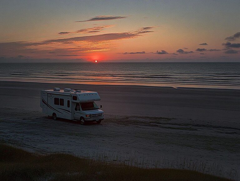 An RV parked on the beach for camping in Texas