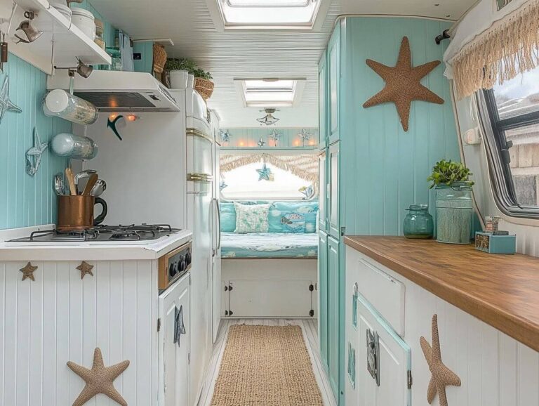 An example of a coastal beach-themed RV interior decor idea