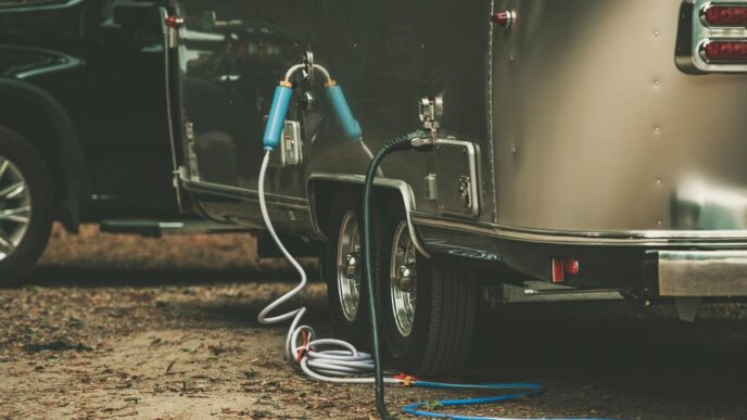 An RV connected to a home hookup setup