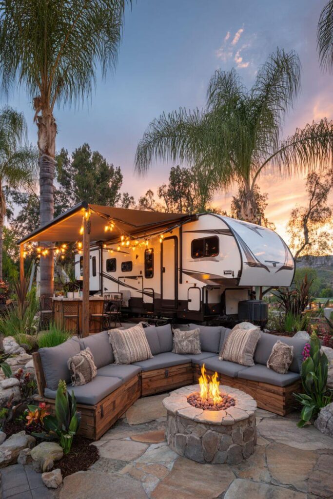 String lights at an RV campsite